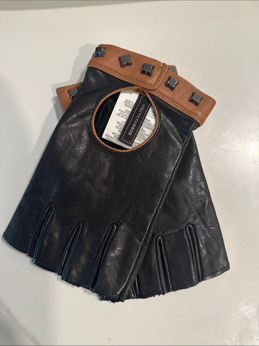 BCBGMaxAzria Black Leather Fingerless Gloves with Brown Studded Cuff